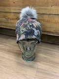 Floral Rib Knit Hat w/ Faux Pom Charcoal