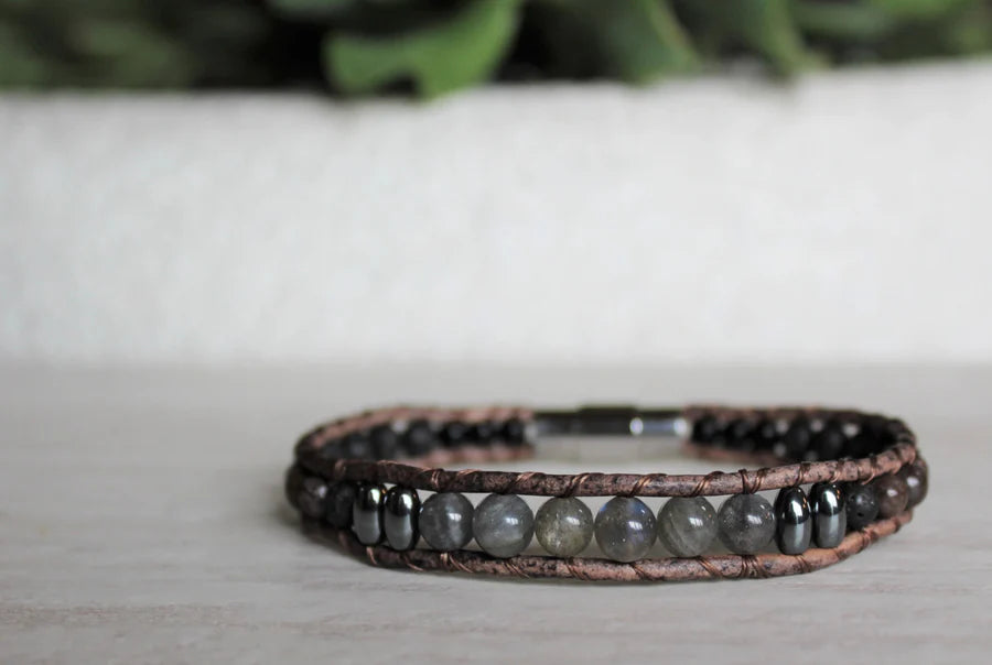 Womens Gemstone & Leather Bracelet