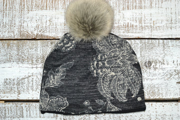 Floral Knit Toque w/ Faux Pom Black/White