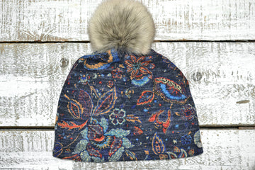 Floral Knit Toque w/ Faux Pom Blue
