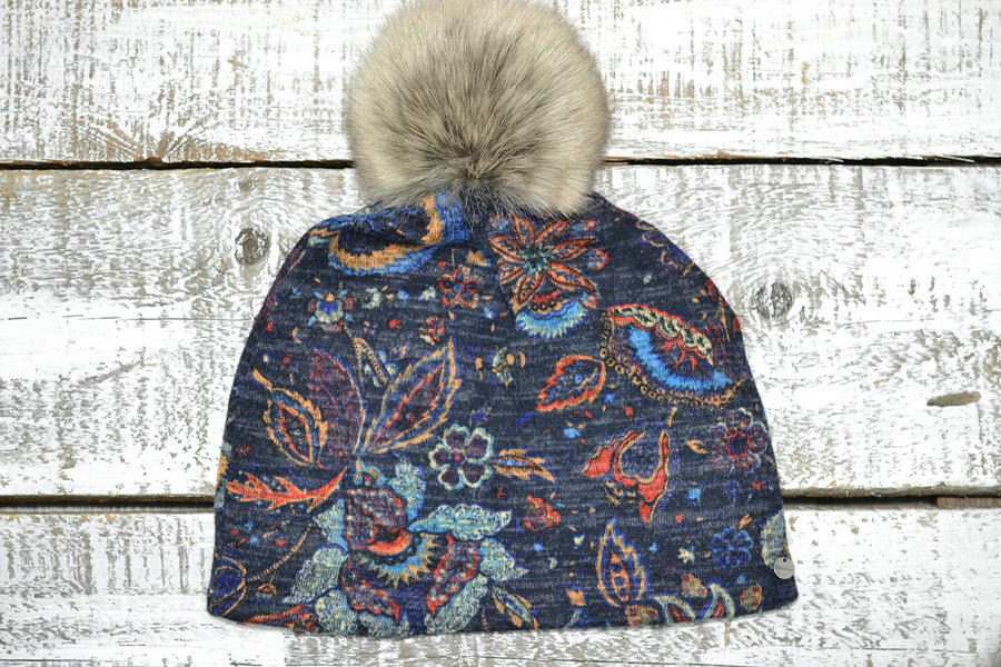 Floral Knit Toque w/ Faux Pom Blue
