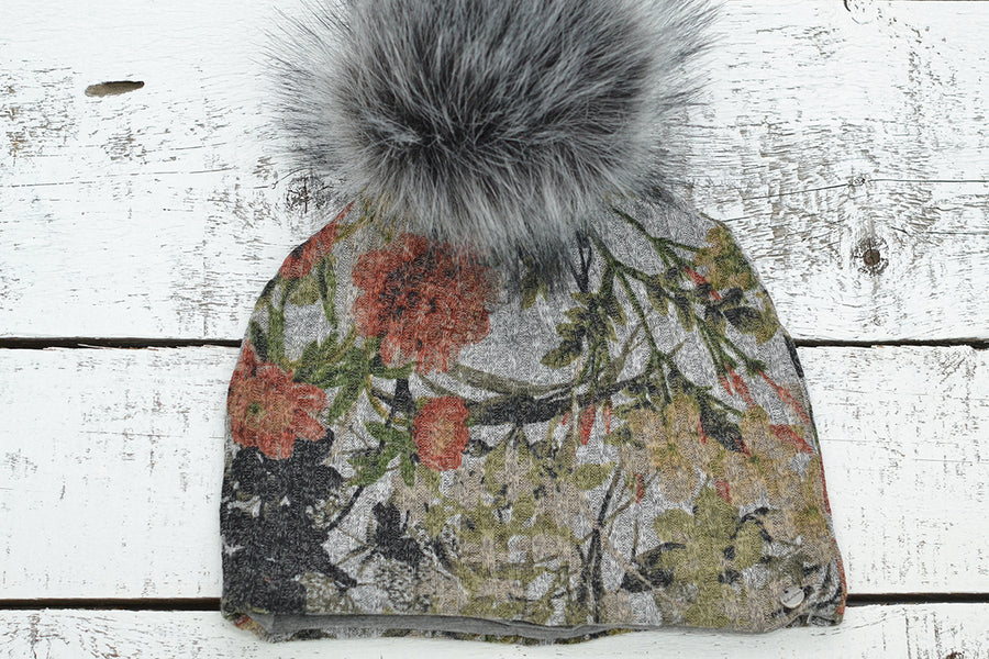 Floral Rib Knit Toque w/ Faux Pom Grey