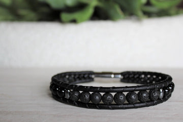 Mens' Leather Bracelet  - Lava Rock - 8