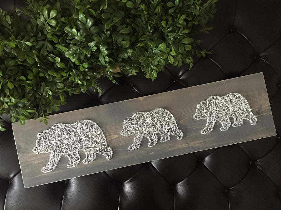 Mama Bear and Cubs String Art - White on Brown