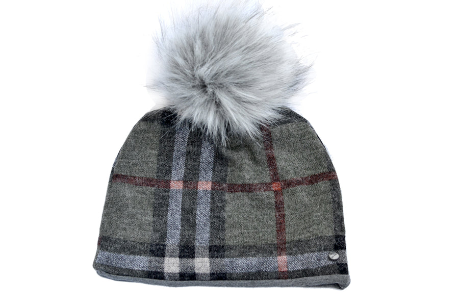 Plaid Knit Toque w/ Faux Pom Green