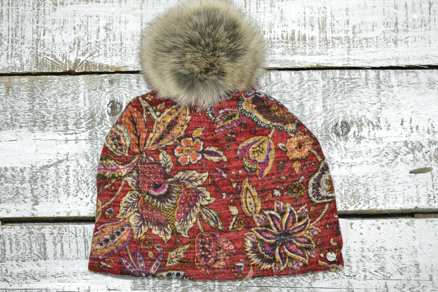 Floral Knit Toque w/ Faux Pom Red
