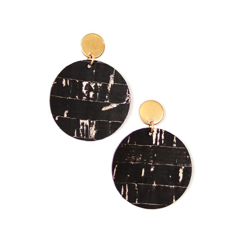 Black Cork with Gold Accents Round Drop Earring