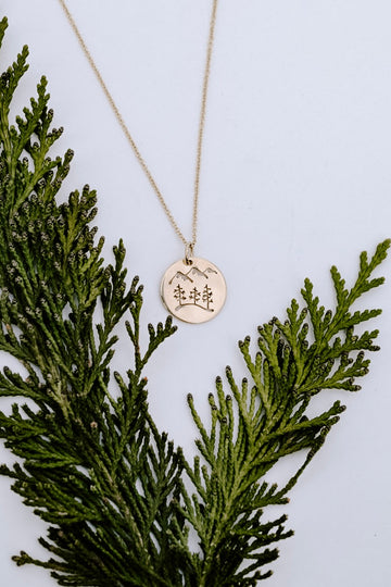 Tree and Mountains Disc Pendant Necklace - Gold
